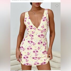 SOLD- Princess Polly Yellow Mini Dress with Pink Floral Pattern